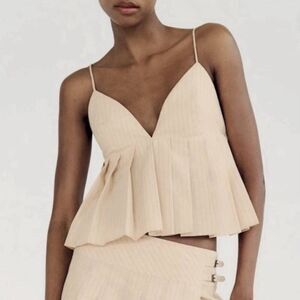 Zara‎ Pleated Spaghetti Strap Crop Top Beige - 100% cotton - Size L - NWT✨
